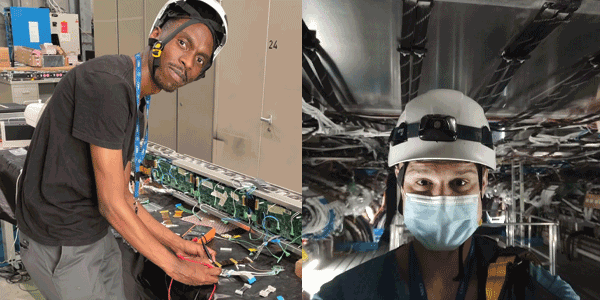 Young physicists: Dr Edward Nkadimeng working on TileCal electronics. Ryan Mckenzie beneath the ATLAS detector.